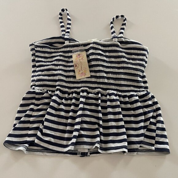 Red Camel Tank Top Large Spaghetti Straps Shirred Striped Navy White Baby Doll - Picture 2 of 12